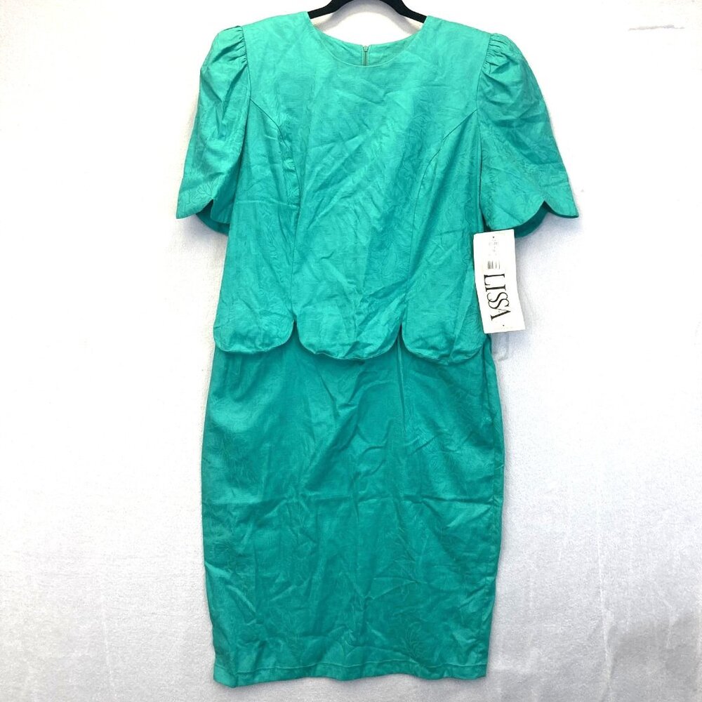 Vintage NWT Teal Jacquard Secretaryβ Dress Womens 16 Midi 1980s Green Sheath NEW